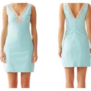 Lilly Pulitzer Bentley Shift Dress Poolside Blue Golden Metallic Lace Size 2